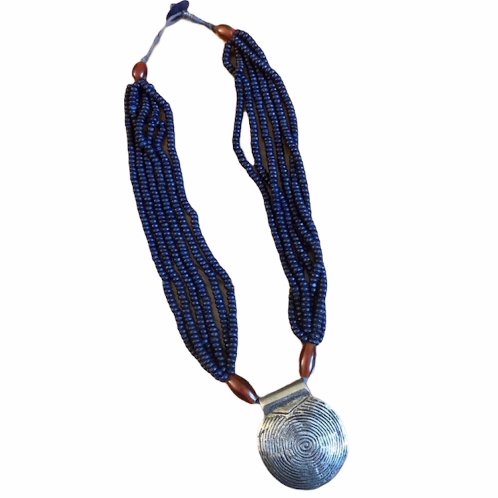 1970’s Bohemian Wooden Beaded Pendant Necklace in Blue & Silver, Vintage